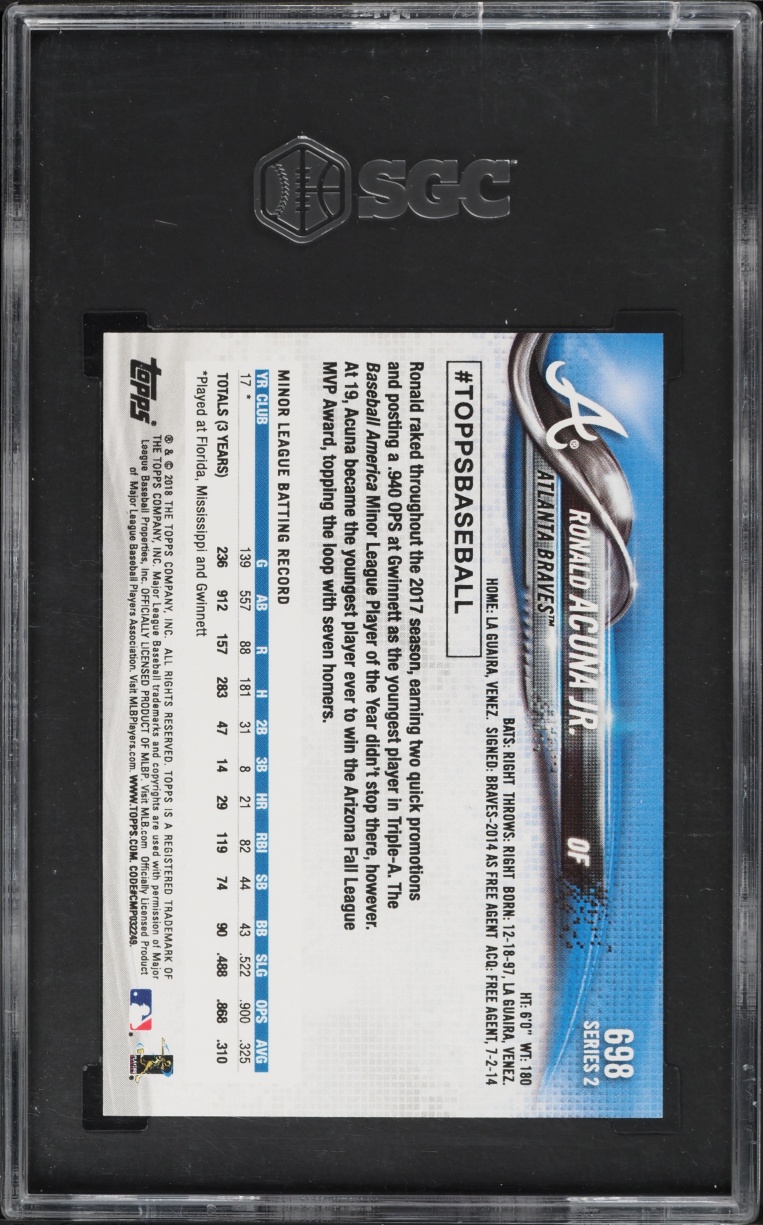 2018 Topps Ronald Acuna Jr. ROOKIE #698 SGC 10 GEM MINT