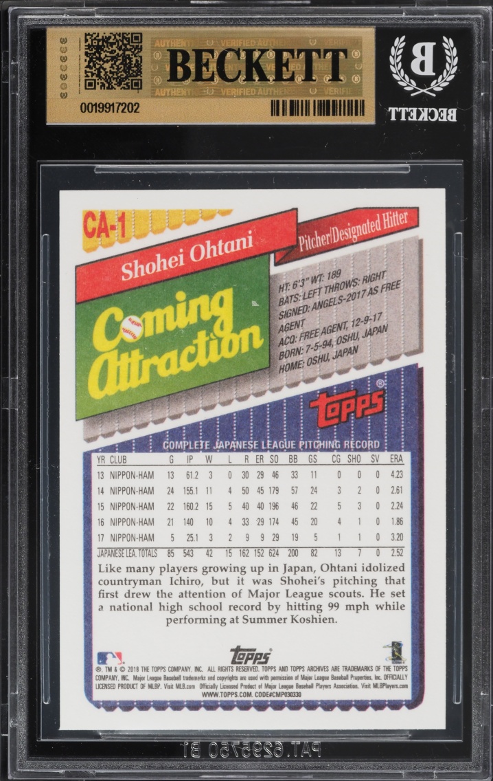 2018 Topps Archives Coming Attraction Shohei Ohtani ROOKIE #CA1 BGS 9.5 GEM MINT