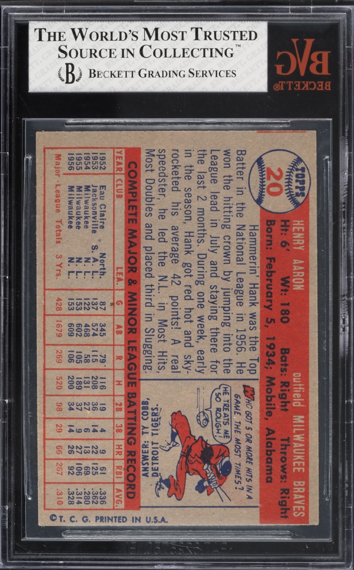 1957 Topps Reversed Negative Hank Aaron #20 BVG 6 EXMT