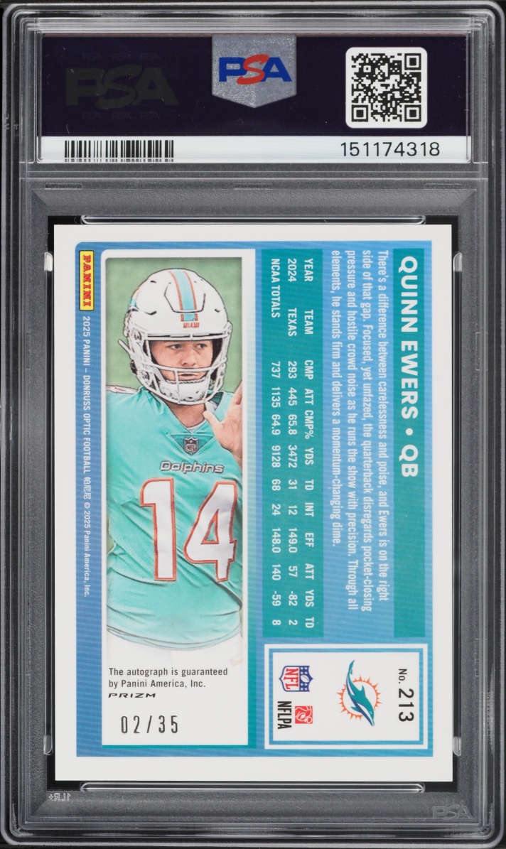 2025 Donruss Optic Black Pandora Prizm Quinn Ewers ROOKIE AUTO DNA 10 /35 #213 PSA 9 MINT