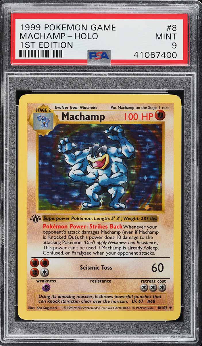 1999 Pokemon Base Set Shadowless 1st Edition Thick Stamp Holo Machamp #8 PSA 9