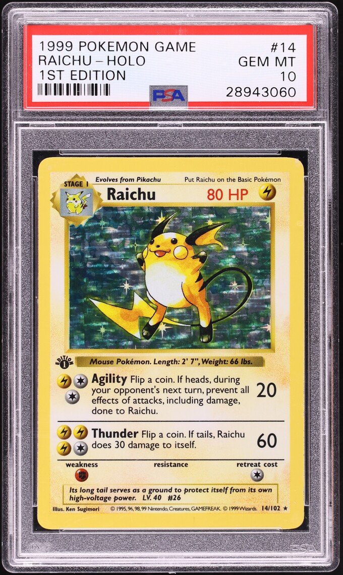 1999 Pokemon Base Set Shadowless 1st Edition Holo Raichu #14 PSA 10 GEM MINT