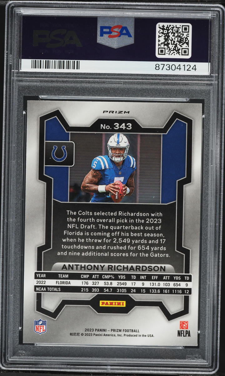 2023 Panini Prizm Neon Green Pulsar Anthony Richardson ROOKIE #343 PSA 9 MINT