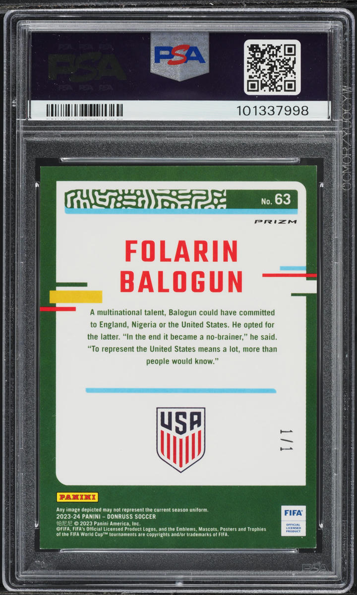 2023 Donruss Optic FIFA Gold Power Folarin Balogun 1/1 #63 PSA 7 NRMT
