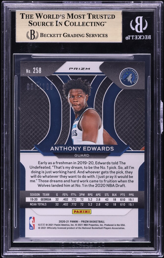 2020 Panini Prizm Blue Anthony Edwards ROOKIE /199 #258 BGS 9.5 GEM MINT