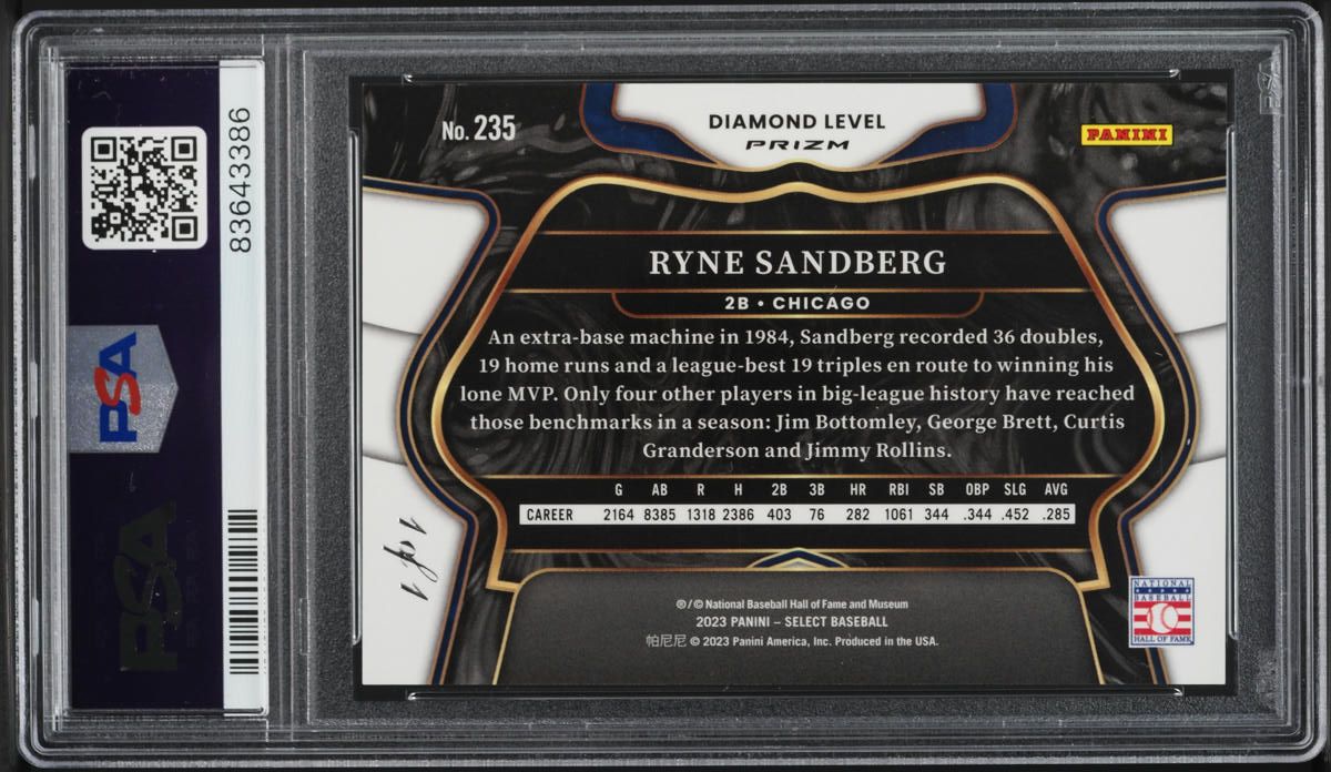 2023 Select Diamond Level Black Snakeskin Pulsar Prizm Ryne Sandberg 1/1 PSA 9