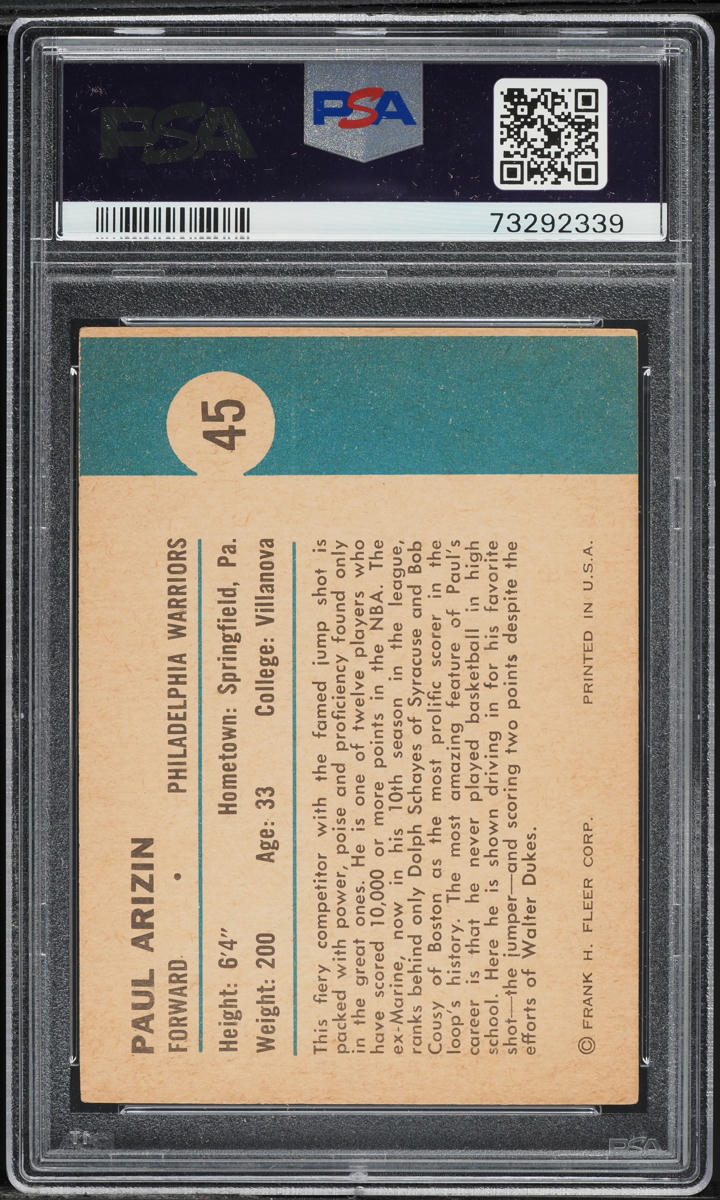 1961 Fleer Basketball Paul Arizin IN ACTION #45 PSA 5.5 EX+