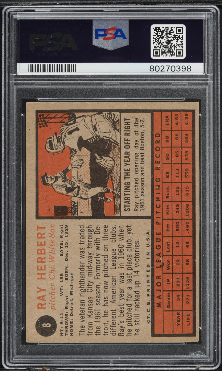 1962 Topps Ray Herbert #8 PSA 4 VGEX
