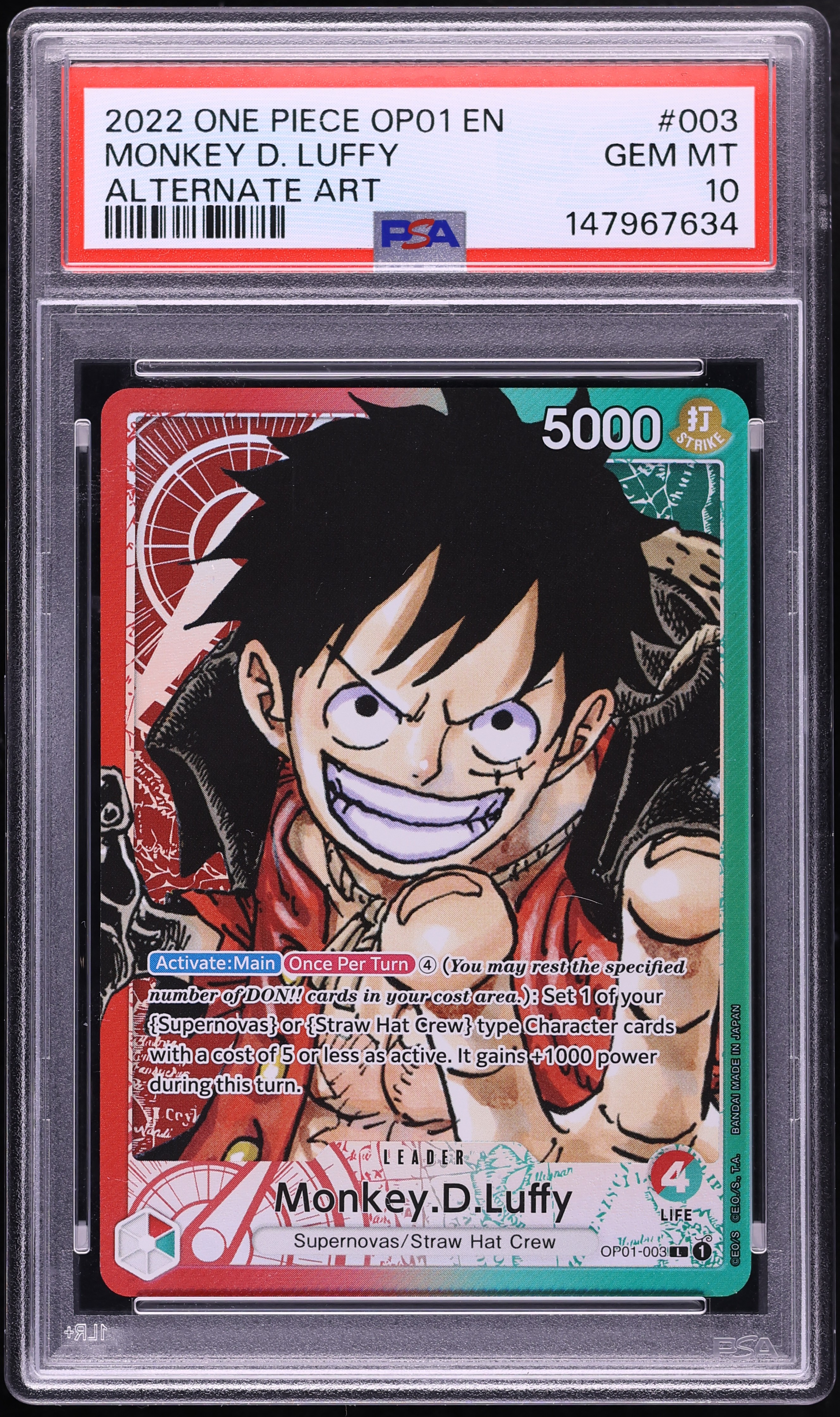 2022 One Piece Romance Dawn Alt Art Leader Monkey D. Luffy #OP01-003 PSA 10 GEM MINT