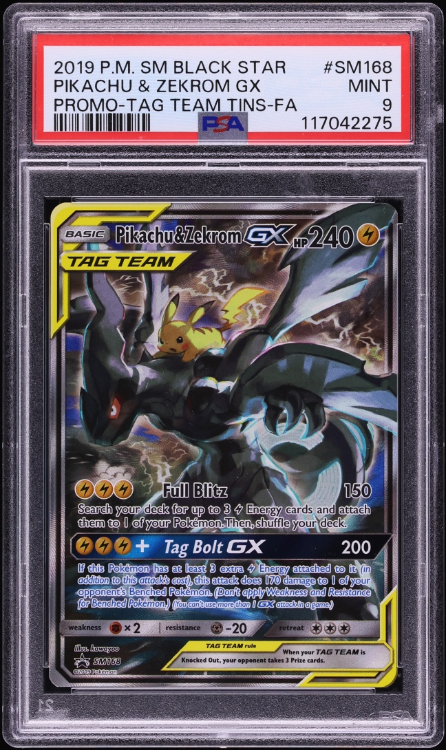 2019 Pokemon Sun & Moon Promo Tag Team Tins Alt Art Pikachu & Zekrom GX #SM168 PSA 9 MINT