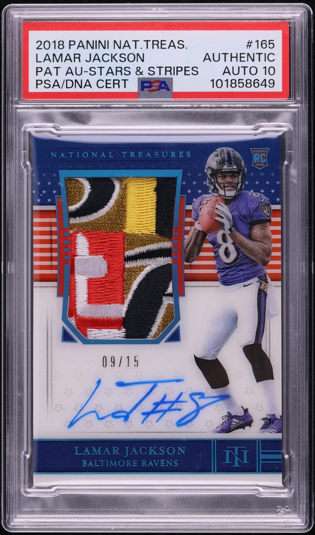 2018 National Treasures Stars & Stripes Lamar Jackson ROOKIE PATCH AUTO DNA 10 /15 PSA AUTH - Photo 1