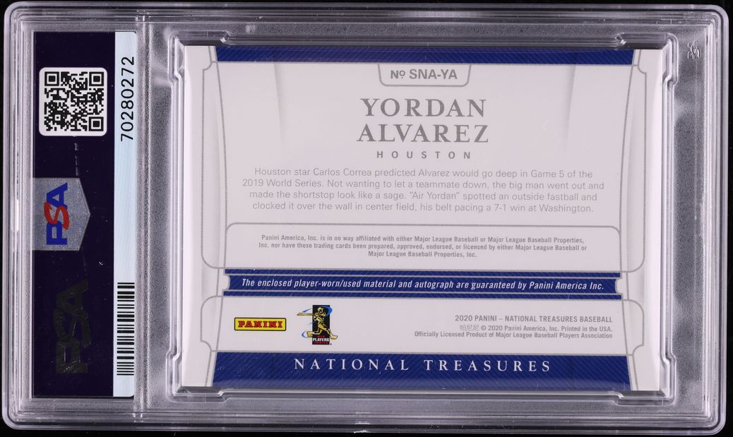 2020 National Treasures Signature Names Yordan Alvarez ROOKIE PATCH AUTO /99 PSA 9