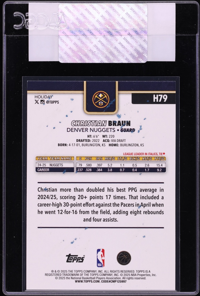 2025 Topps Holiday Blue Metallic Glitter Christian Braun #H79 CGC AUTH