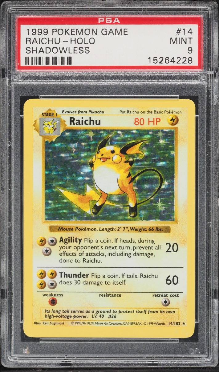 1999 Pokemon Base Set Shadowless Holo Raichu #14 PSA 9 MINT