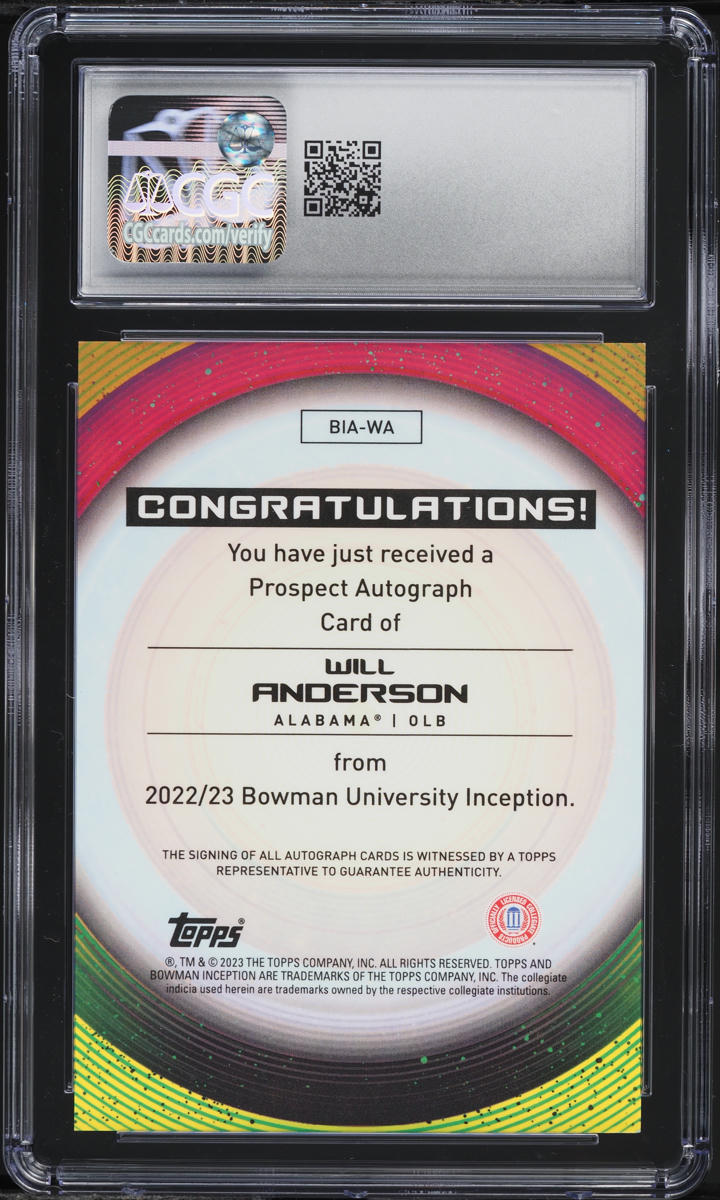 2022 Bowman University Inception Will Anderson ROOKIE AUTO #BIA-WA CGC 10 GEM