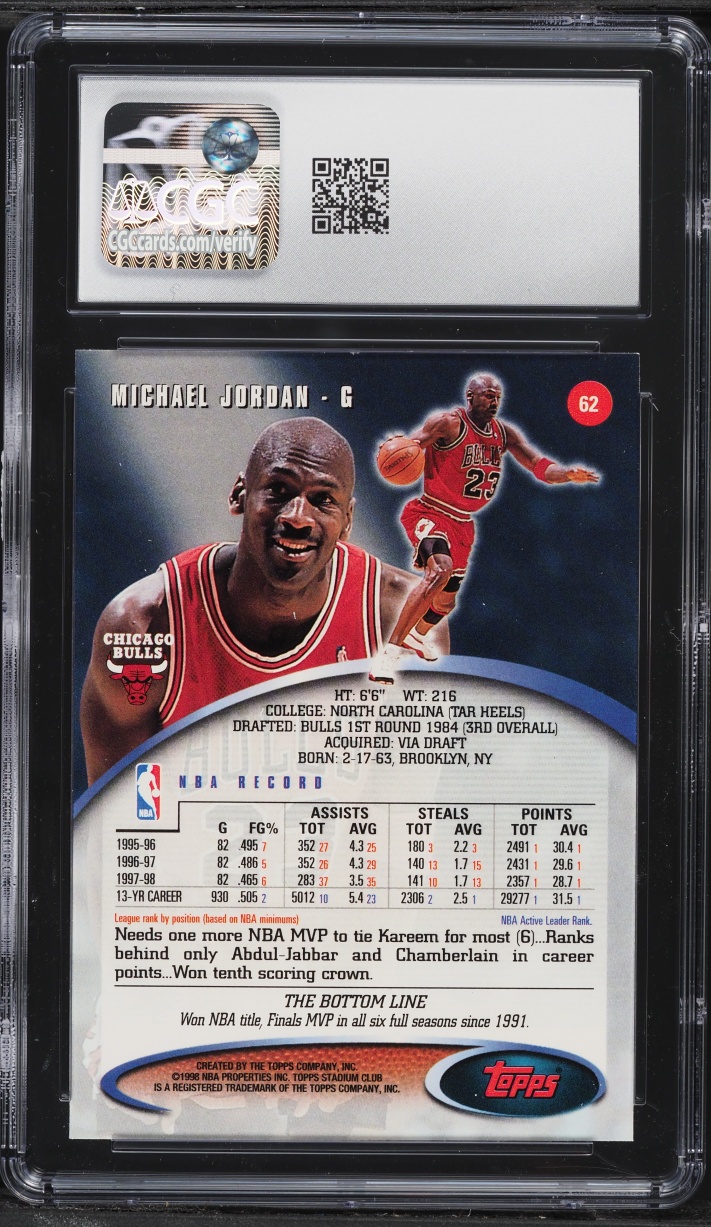 1998 Stadium Club Basketball Michael Jordan #62 CGC 9 MINT