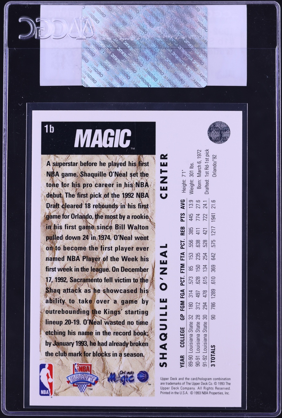 1992 Upper Deck Trade Card Shaquille O'Neal ROOKIE #1b CGC AUTH