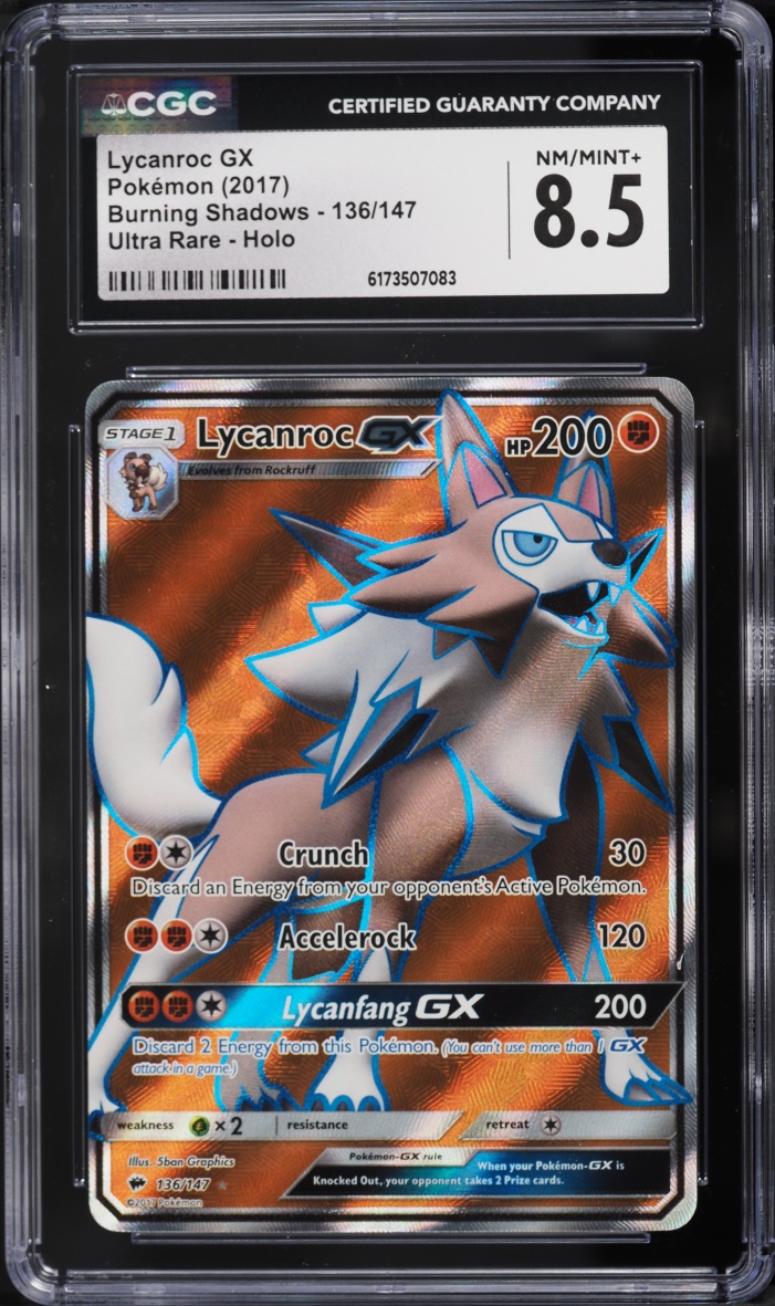 2017 Pokemon Sun & Moon Burning Shadows Full Art Lycanroc GX #136 CGC 8.5 NM-MT+