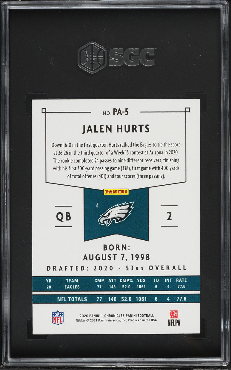 2020 Panini Chronicles Jalen Hurts ROOKIE #PA-5 SGC 10 GEM MINT
