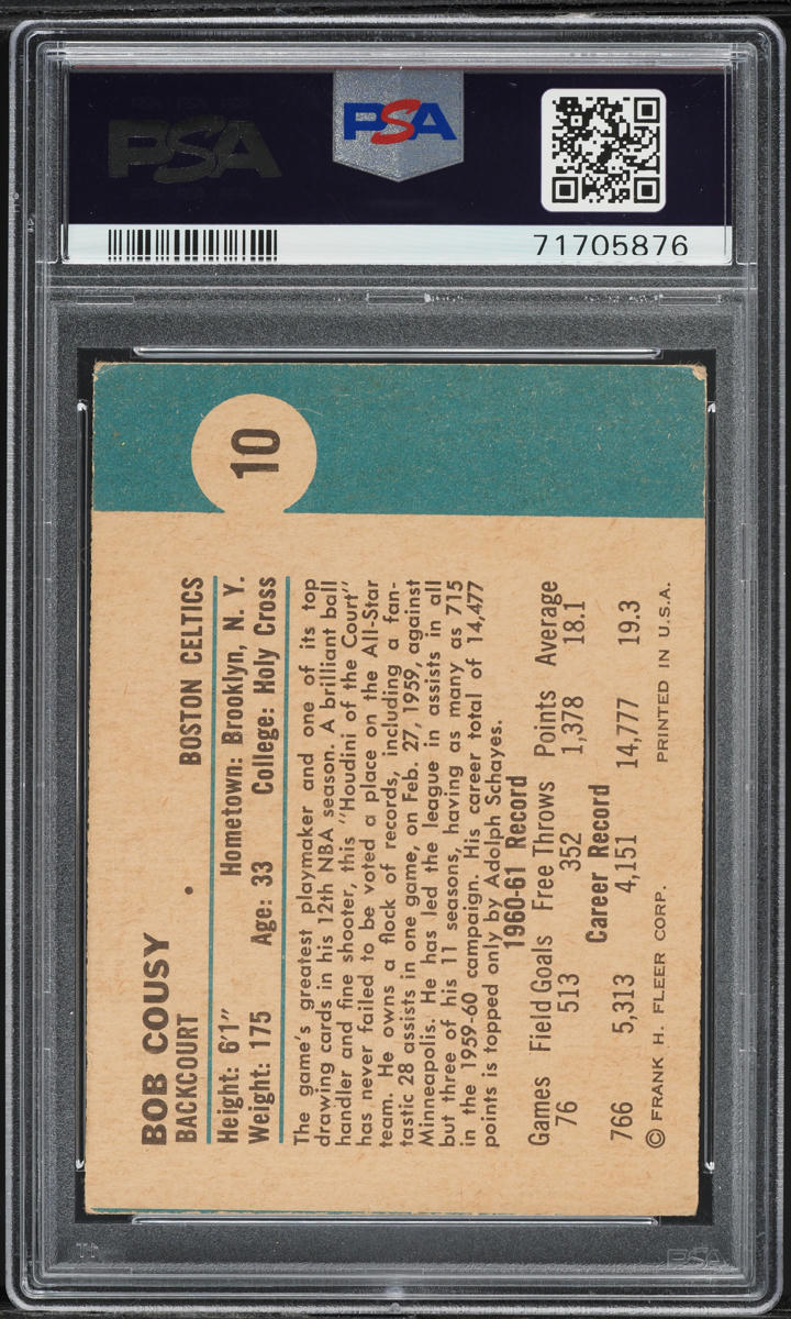 1961 Fleer Basketball Bob Cousy #10 PSA 3.5 VG+