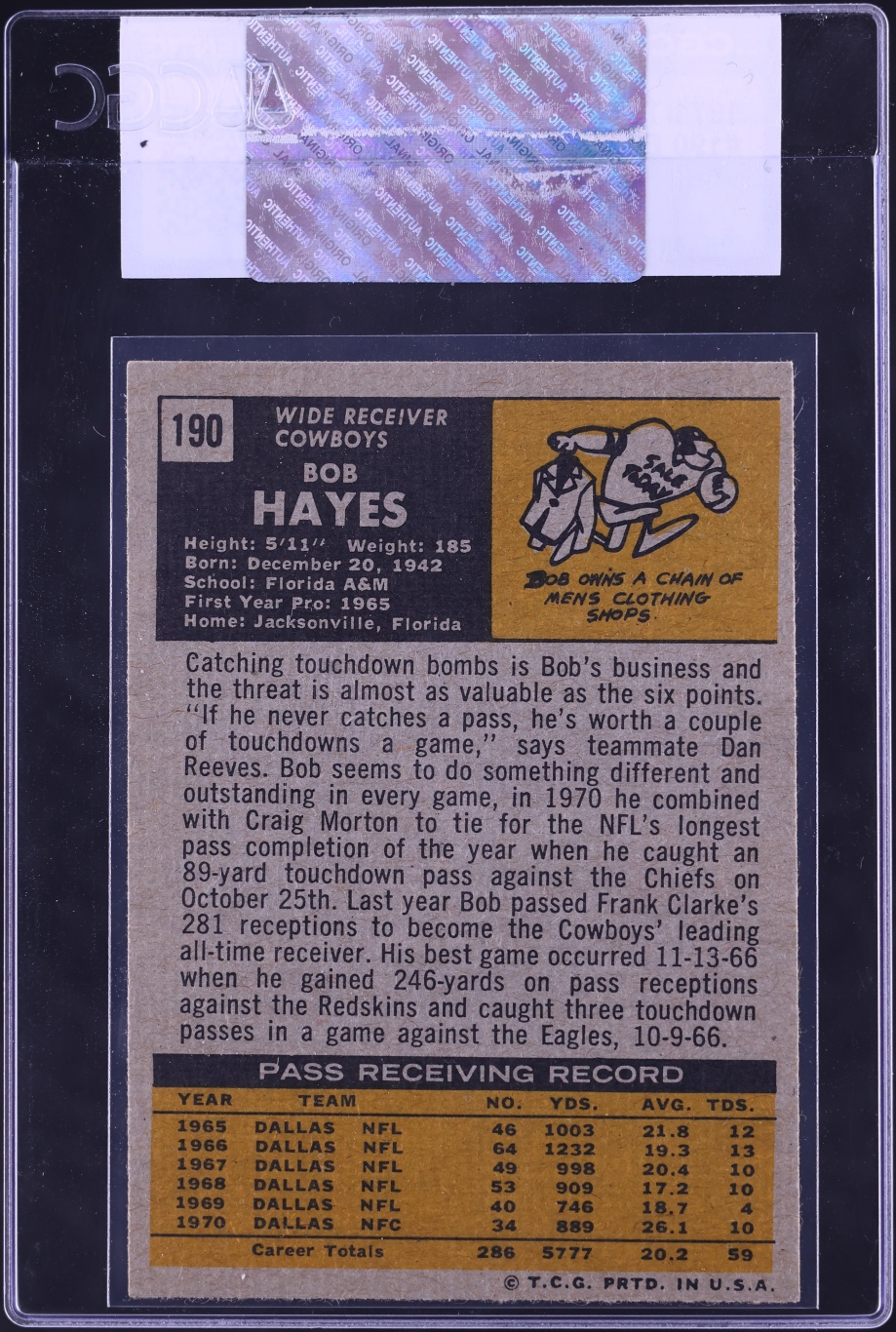 1971 Topps Football Bob Hayes #190 CGC AUTH