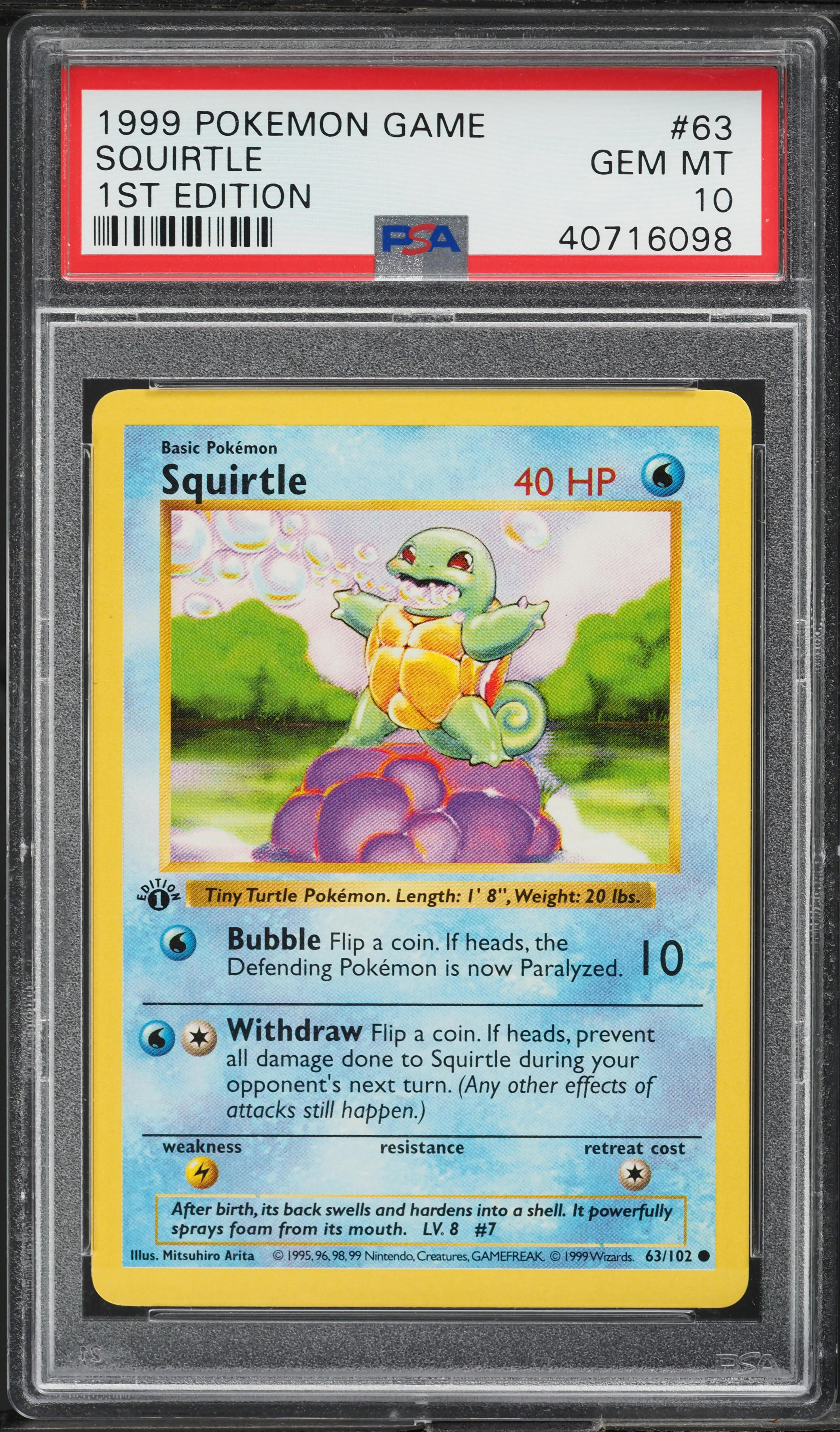 1999 Pokemon Base Set Shadowless 1st Edition Squirtle #63 PSA 10 GEM MINT