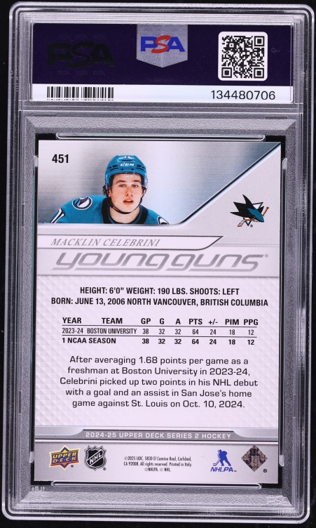 2024 Upper Deck Young Guns Macklin Celebrini ROOKIE #451 PSA 10 GEM MINT