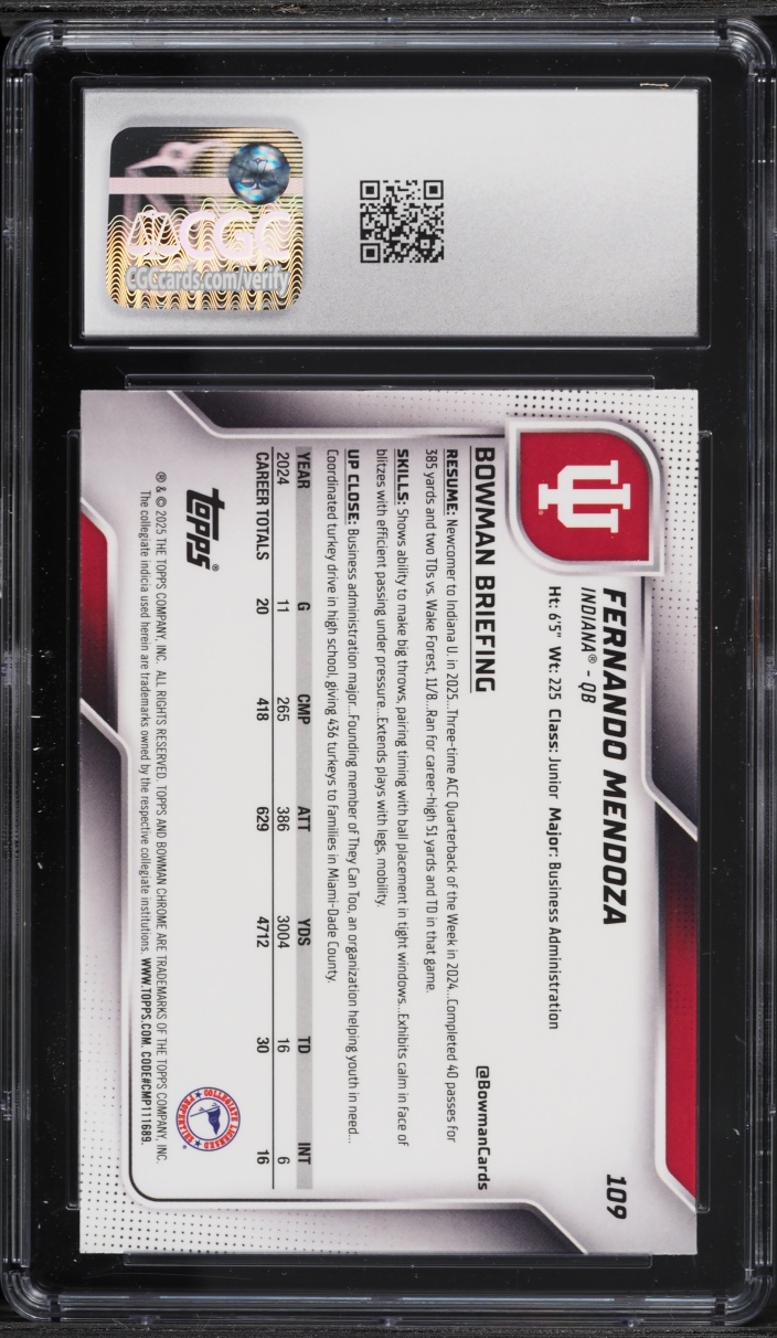 2025 Bowman University Chrome Fernando Mendoza ROOKIE #109 CGC 10 GEM MINT