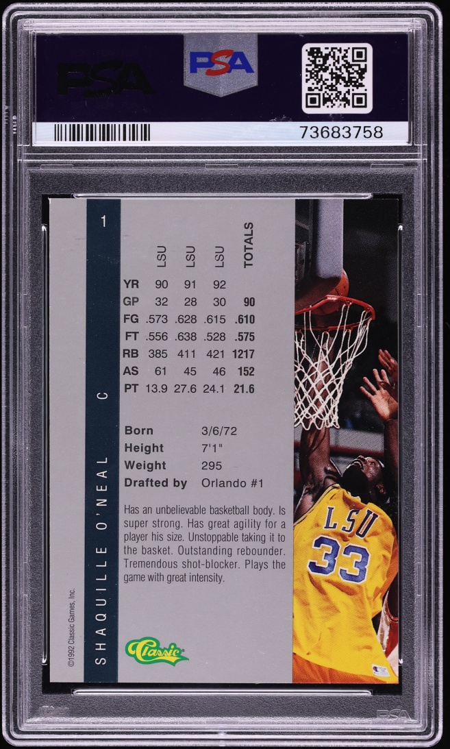 1992 Classic 4 Sport Basketball Shaquille O'Neal ROOKIE #1 PSA 8 NM-MT