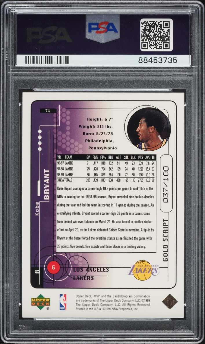 1999 Upper Deck MVP Gold Script Kobe Bryant /100 #74 PSA 9 MINT