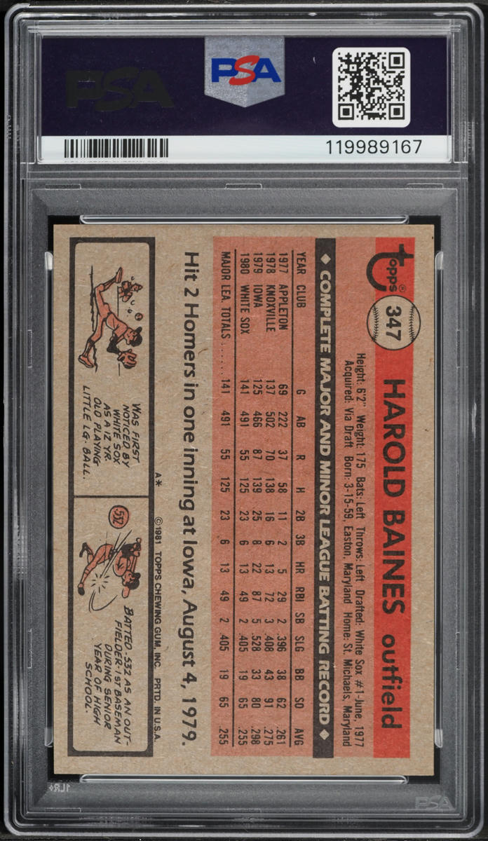 1981 Topps Harold Baines ROOKIE #347 PSA 7 NRMT