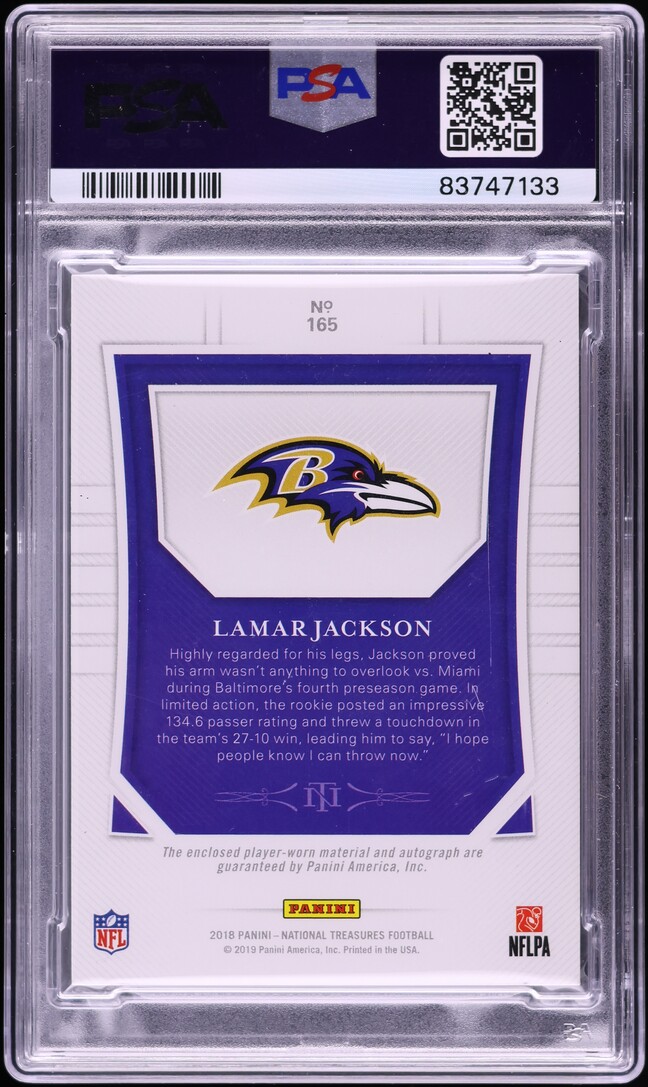 2018 National Treasures Holo Silver Lamar Jackson ROOKIE PATCH AUTO /25 #165 PSA 9 MINT