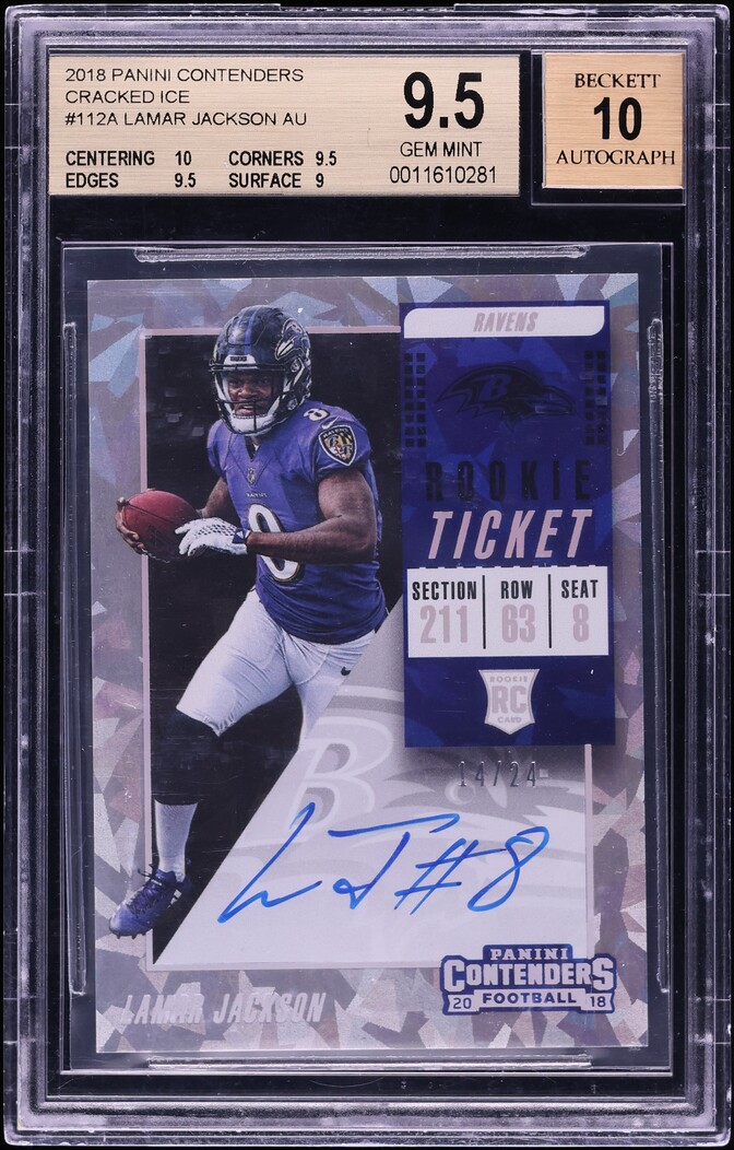 2018 Panini Contenders Cracked Ice Lamar Jackson ROOKIE AUTO /24 #112A BGS 9.5 GEM MINT