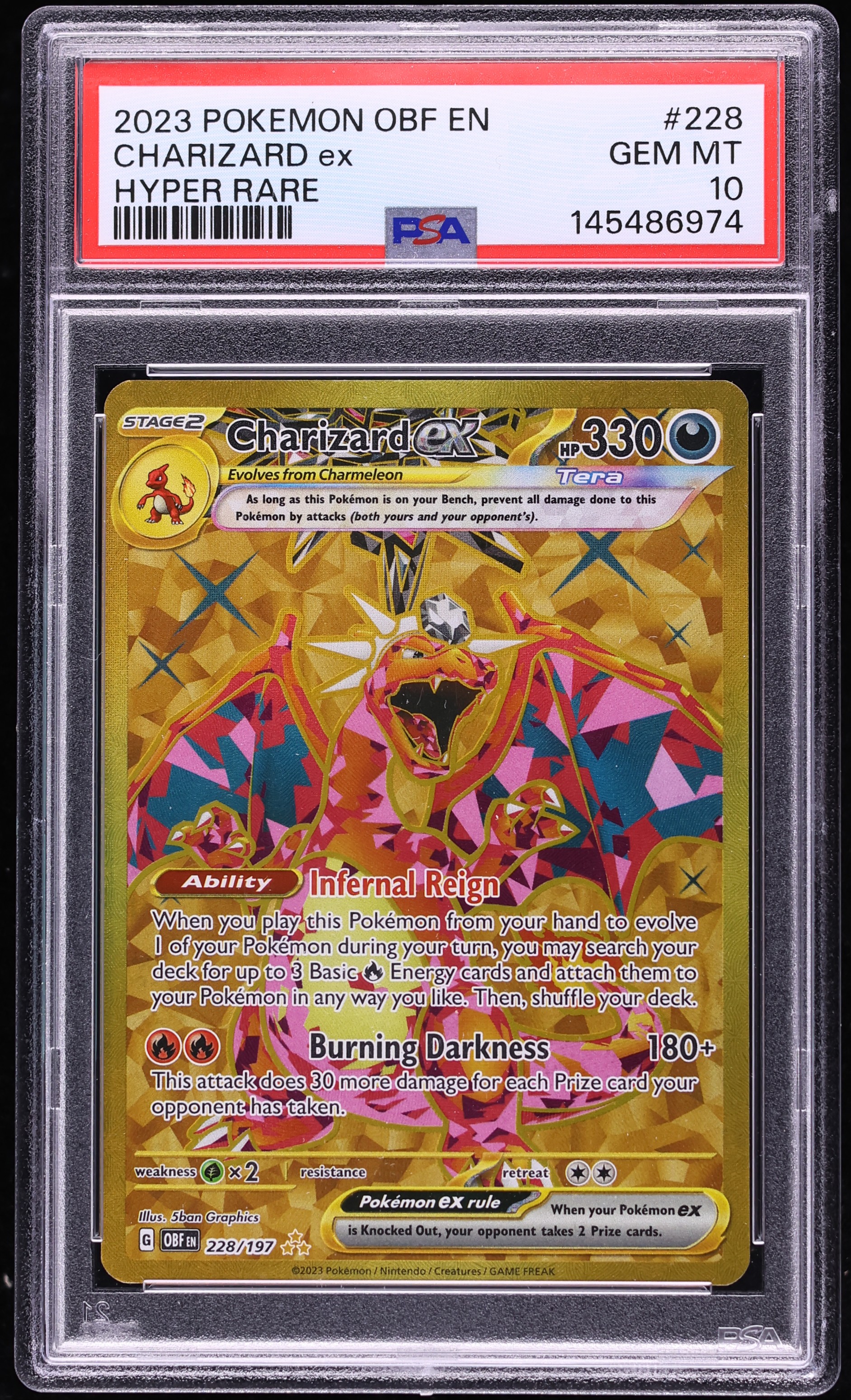 2023 Pokemon Scarlet & Violet Obsidian Flames Gold Rare Charizard ex #228 PSA 10 GEM MINT