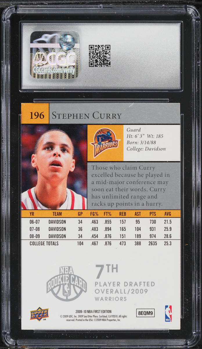 2009 Upper Deck First Edition Stephen Curry ROOKIE #196 CGC 7.5 NRMT+