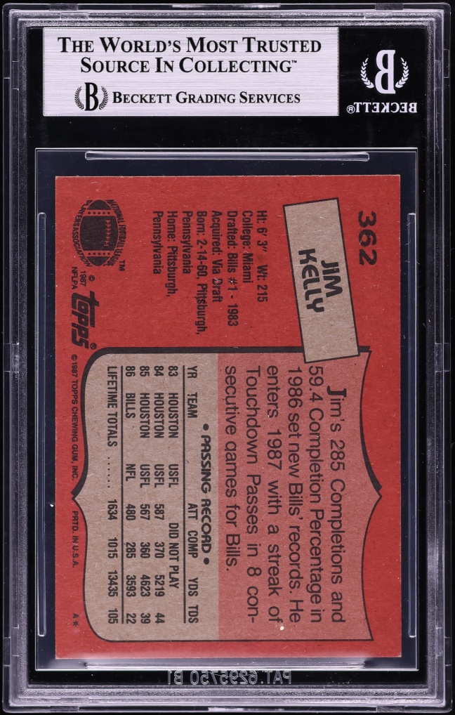 1987 Topps Football Jim Kelly ROOKIE #362 BGS 7.5 NRMT+