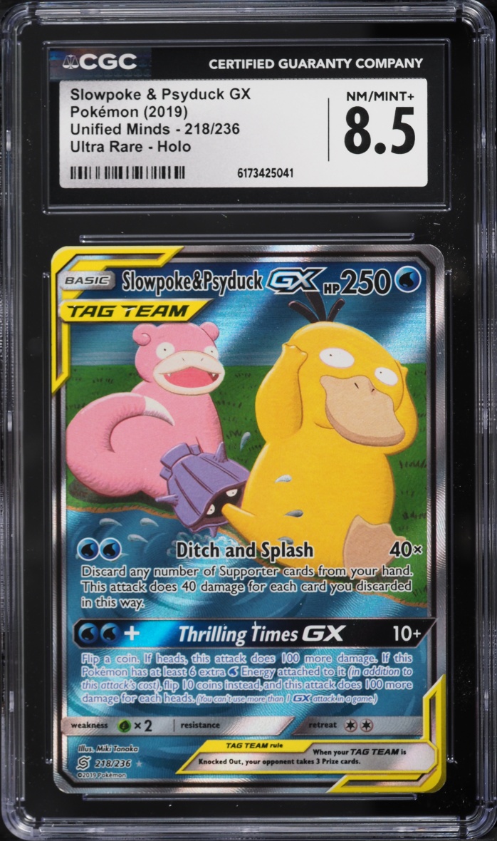 2019 Pokemon Sun & Moon Unified Minds Alt Art Slowpoke & Psyduck GX #218 CGC 8.5 NM-MT+