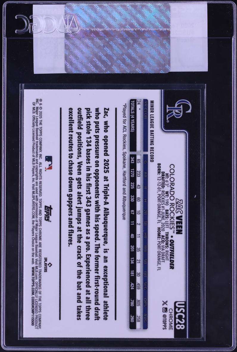 2025 Topps Chrome Update Sapphire Green Zac Veen ROOKIE /99 #USC28 CGC AUTH