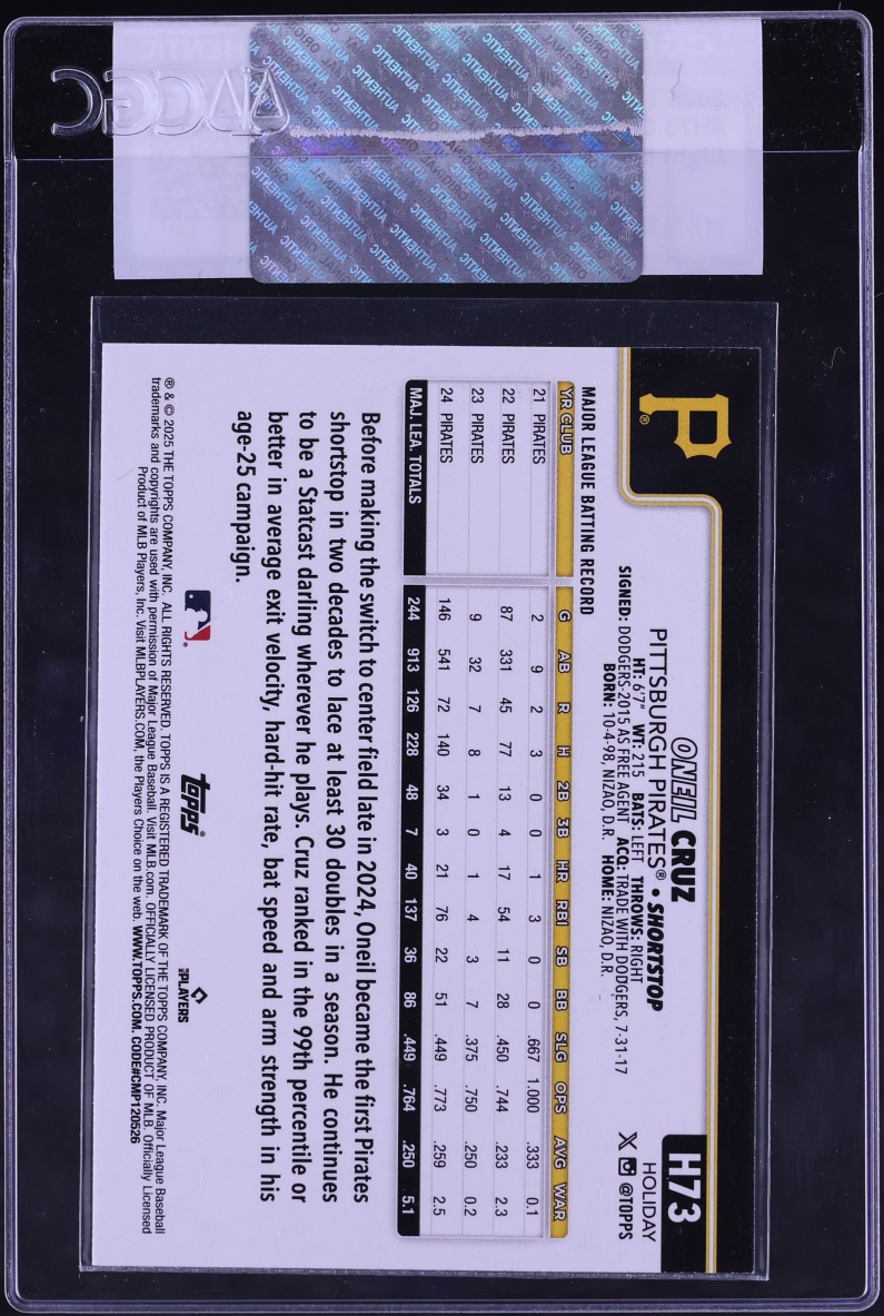 2025 Topps Holiday Light Blue & White Glitter Oneil Cruz #H73 CGC AUTH