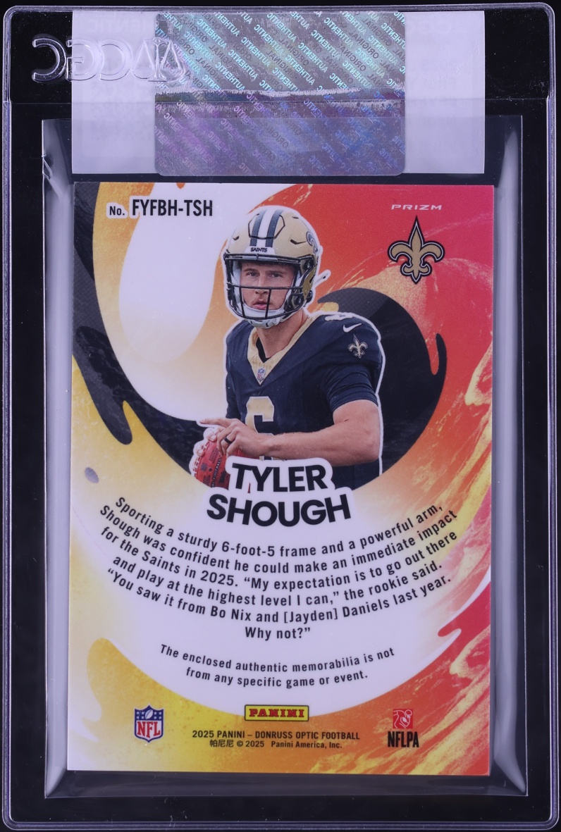 2025 Donruss Optic First Year Fresh Neon Blue Tyler Shough ROOKIE PATCH #FYFBH-TSH CGC AUTH