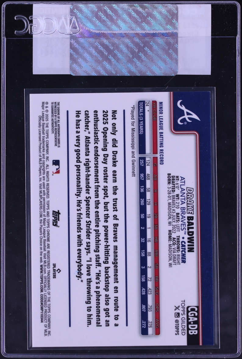 2025 Topps Chrome Gilded Collection Gold Drake Baldwin ROOKIE AUTO /99 #CGA-DB CGC AUTH