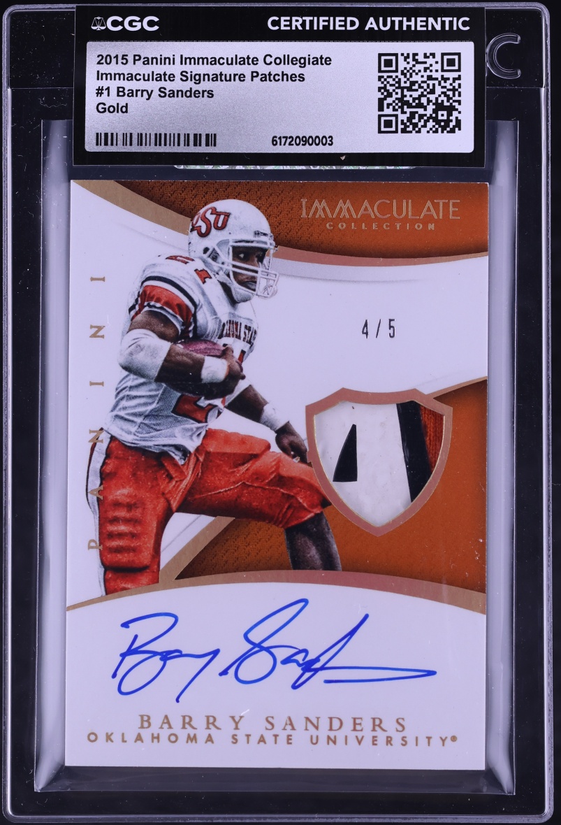 2015 Immaculate Collection Collegiate Gold Barry Sanders PATCH AUTO /5 #1 CGC AUTH