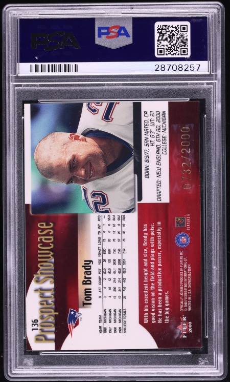 2000 Fleer Showcase Tom Brady ROOKIE /2000 #136 PSA 8 NM-MT - Photo 2