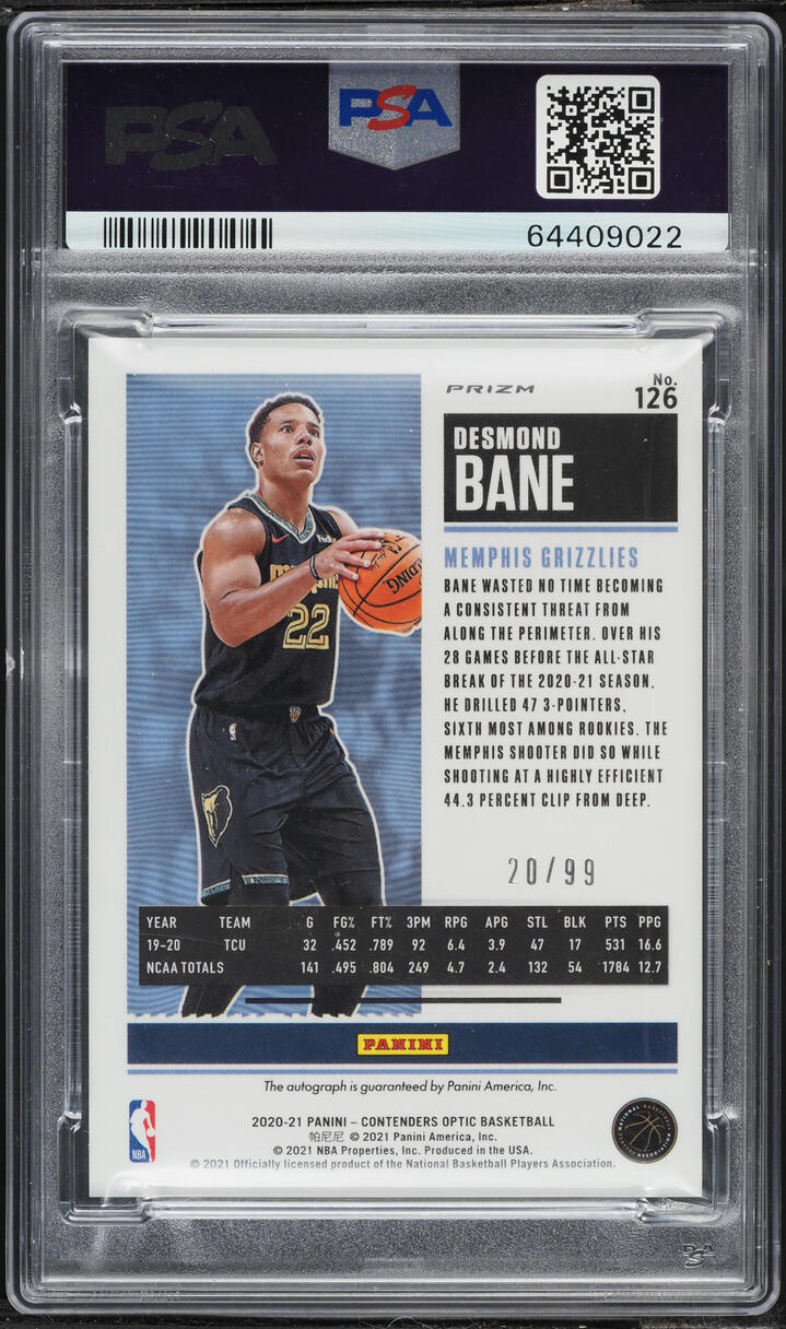 2020 Panini Contenders Optic Blue Desmond Bane ROOKIE AUTO DNA 10 /99 #126 PSA 10 GEM MINT - Photo 2