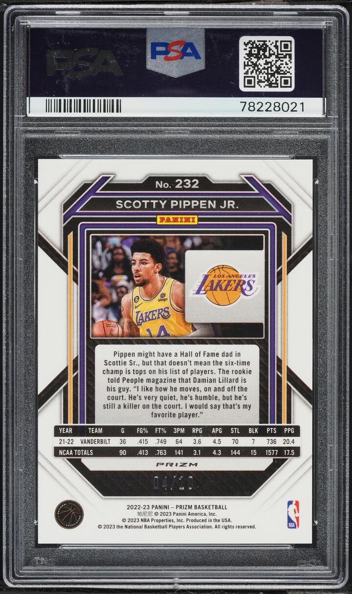 2022 Panini Prizm Gold Scotty Pippen Jr. ROOKIE /10 #232 PSA 10 GEM MINT - Photo 2