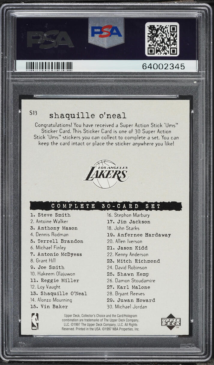 1997 Collector's Choice Stick-Ums 1 Shaquille O'Neal #S13 PSA 10 GEM MINT - Photo 2