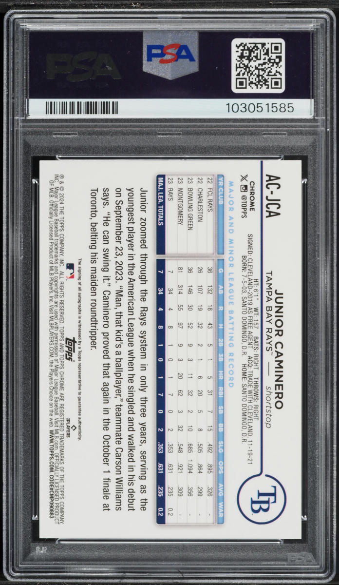 2024 Topps Chrome Update Red Refractor Junior Caminero ROOKIE AUTO DNA 10 /5 PSA 10 GEM MINT