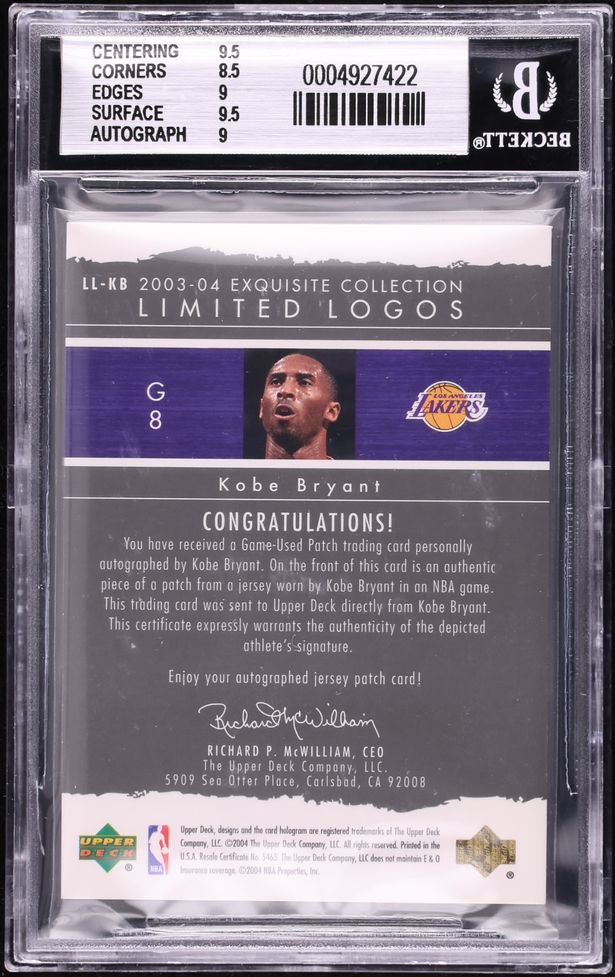 2003 Exquisite Collection Limited Logos Kobe Bryant PATCH AUTO /75 #LL-KB BGS 9 MINT