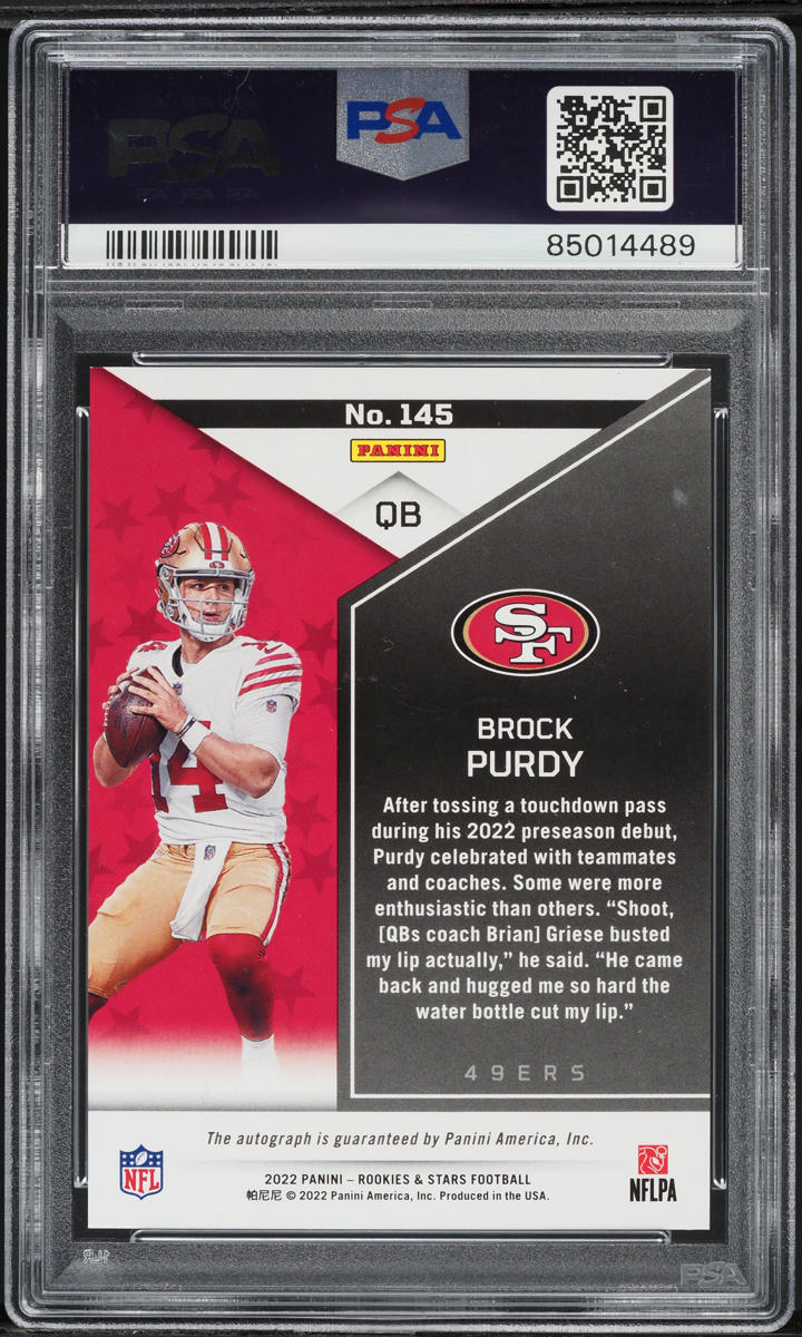2022 Panini Rookies & Stars Brock Purdy ROOKIE AUTO DNA 10 /299 #145 PSA 8.5