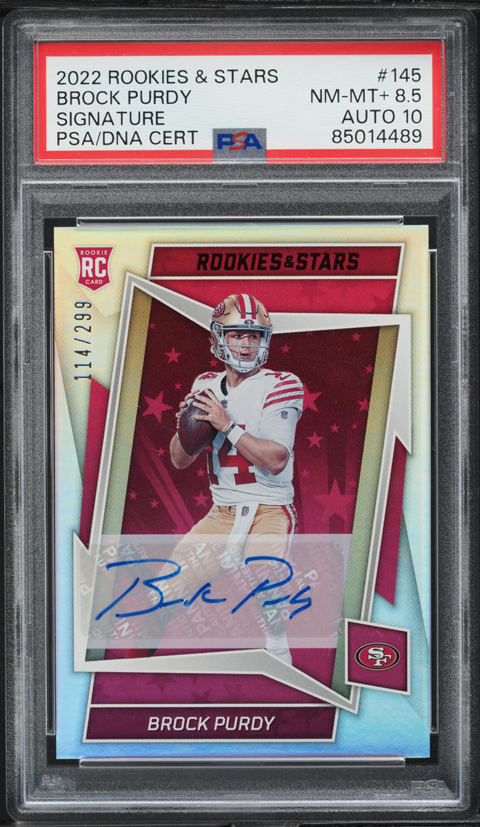 2022 Panini Rookies & Stars Brock Purdy ROOKIE AUTO DNA 10 /299 #145 PSA 8.5